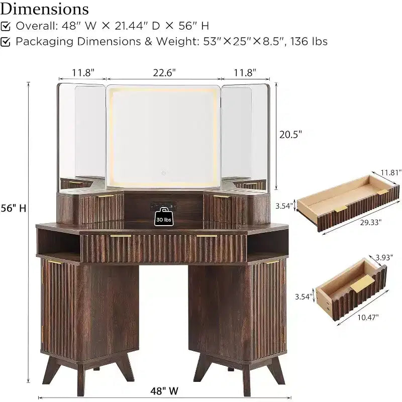 Mobile Toeletta Angolare con Specchio LED e Stazione di Ricarica, Tavolo da Trucco Scanalato da 122 cm con Piano in Vetro e Armadietti Contenitori