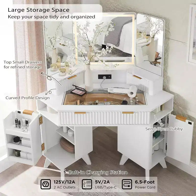 Mobile Toeletta Angolare con Specchio LED e Stazione di Ricarica, Tavolo da Trucco Scanalato da 122 cm con Piano in Vetro e Armadietti Contenitori