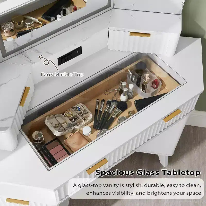 Mobile Toeletta Angolare con Specchio LED e Stazione di Ricarica, Tavolo da Trucco Scanalato da 122 cm con Piano in Vetro e Armadietti Contenitori