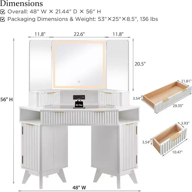 Mobile Toeletta Angolare con Specchio LED e Stazione di Ricarica, Tavolo da Trucco Scanalato da 122 cm con Piano in Vetro e Armadietti Contenitori