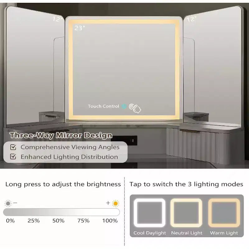 Mobile Toeletta Angolare con Specchio LED e Stazione di Ricarica, Tavolo da Trucco Scanalato da 122 cm con Piano in Vetro e Armadietti Contenitori