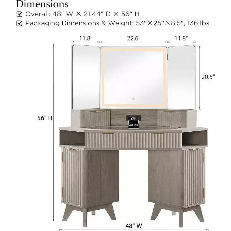 Mobile Toeletta Angolare con Specchio LED e Stazione di Ricarica, Tavolo da Trucco Scanalato da 122 cm con Piano in Vetro e Armadietti Contenitori