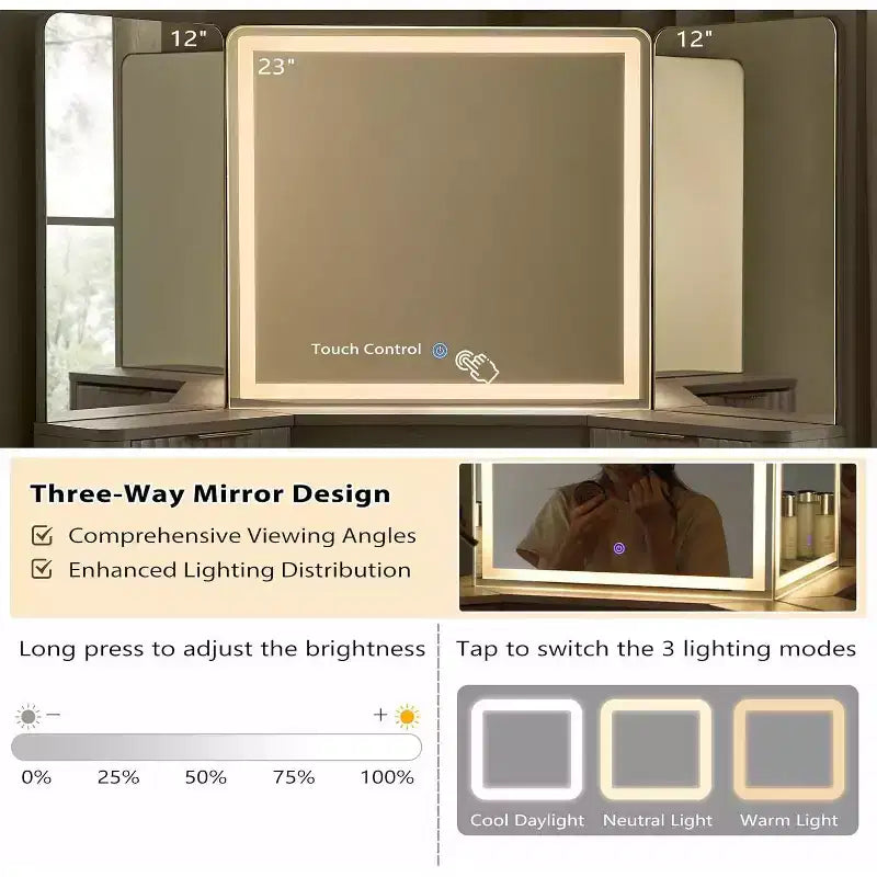 Mobile Toeletta Angolare con Specchio LED e Stazione di Ricarica, Tavolo da Trucco Scanalato da 122 cm con Piano in Vetro e Armadietti Contenitori