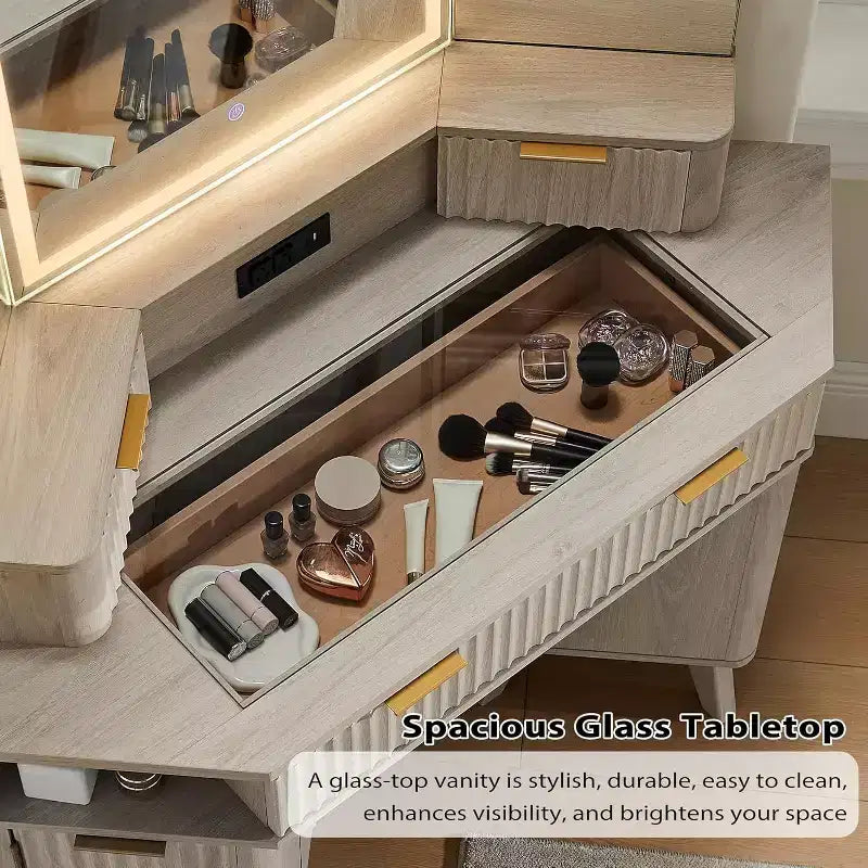 Mobile Toeletta Angolare con Specchio LED e Stazione di Ricarica, Tavolo da Trucco Scanalato da 122 cm con Piano in Vetro e Armadietti Contenitori