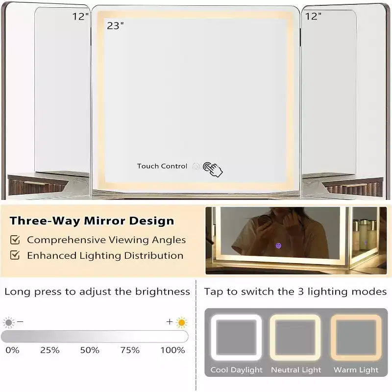 Mobile Toeletta Angolare con Specchio LED e Stazione di Ricarica, Tavolo da Trucco Scanalato da 122 cm con Piano in Vetro e Armadietti Contenitori
