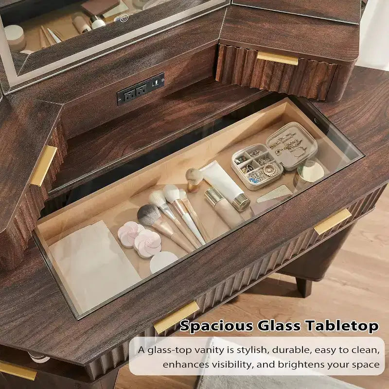 Mobile Toeletta Angolare con Specchio LED e Stazione di Ricarica, Tavolo da Trucco Scanalato da 122 cm con Piano in Vetro e Armadietti Contenitori