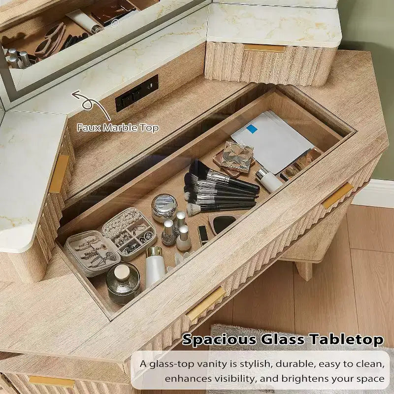 Mobile Toeletta Angolare con Specchio LED e Stazione di Ricarica, Tavolo da Trucco Scanalato da 122 cm con Piano in Vetro e Armadietti Contenitori