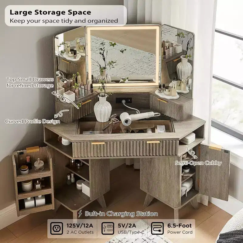 Mobile Toeletta Angolare con Specchio LED e Stazione di Ricarica, Tavolo da Trucco Scanalato da 122 cm con Piano in Vetro e Armadietti Contenitori