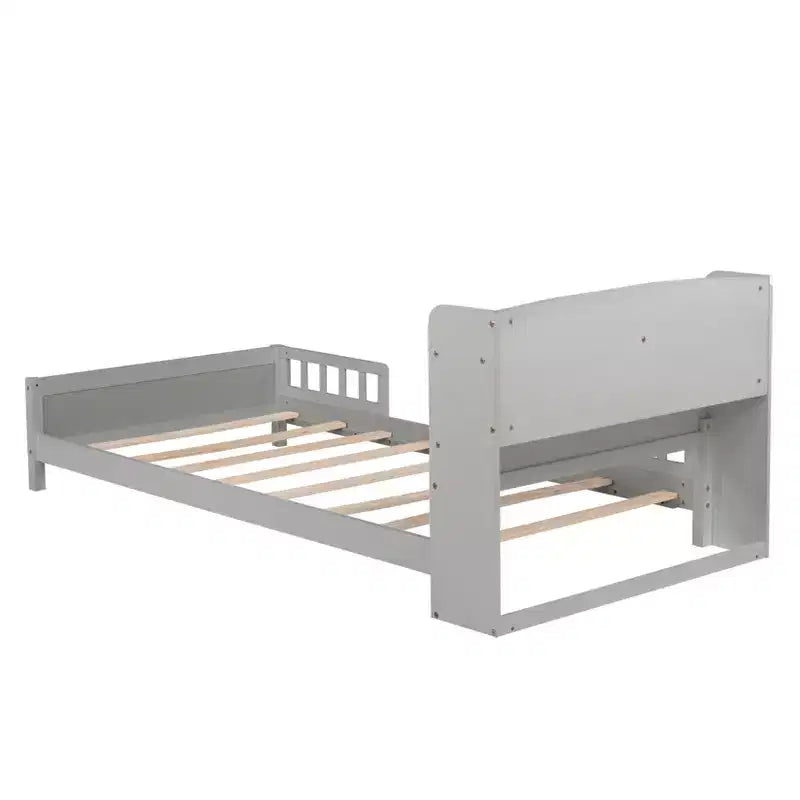 Letto in legno di pino gemello con testiera a libreria e LED con sensore di movimento - Sponde regolabili, letto per bambini sicuro ed elegante