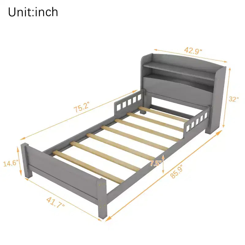 Letto in legno di pino gemello con testiera a libreria e LED con sensore di movimento - Sponde regolabili, letto per bambini sicuro ed elegante