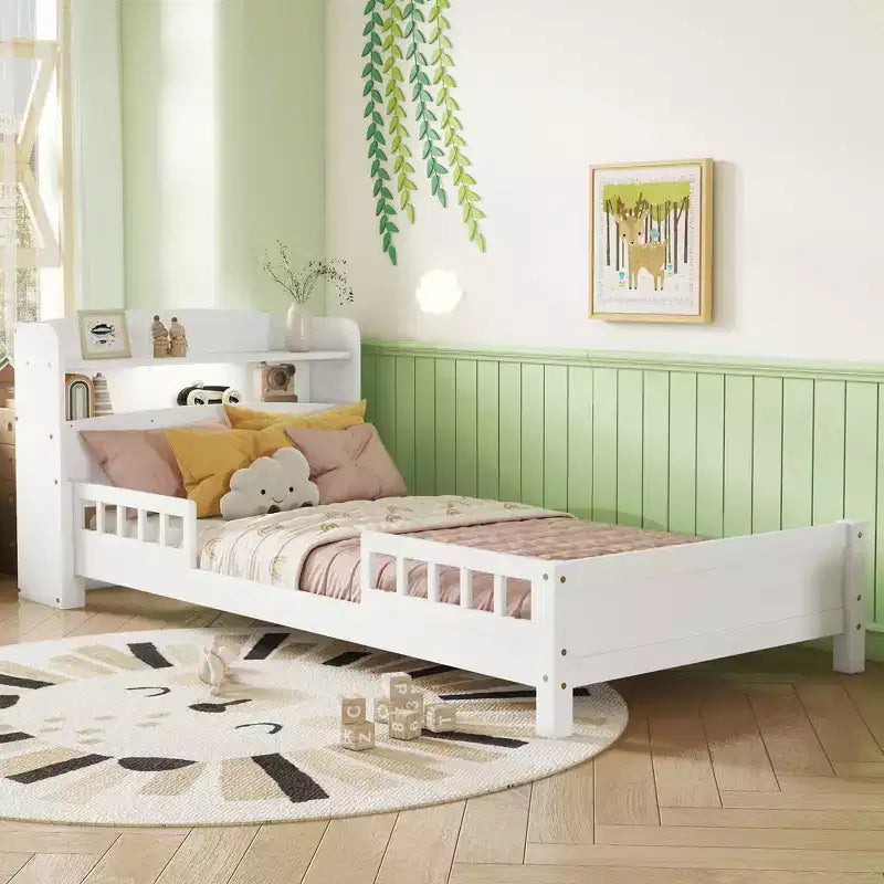 Letto in legno di pino gemello con testiera a libreria e LED con sensore di movimento - Sponde regolabili, letto per bambini sicuro ed elegante