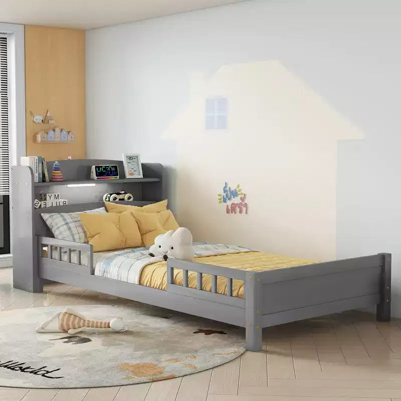Letto in legno di pino gemello con testiera a libreria e LED con sensore di movimento - Sponde regolabili, letto per bambini sicuro ed elegante