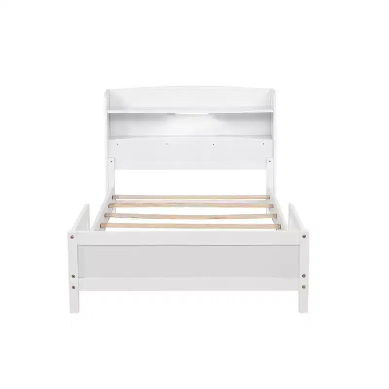 Letto in legno di pino gemello con testiera a libreria e LED con sensore di movimento - Sponde regolabili, letto per bambini sicuro ed elegante