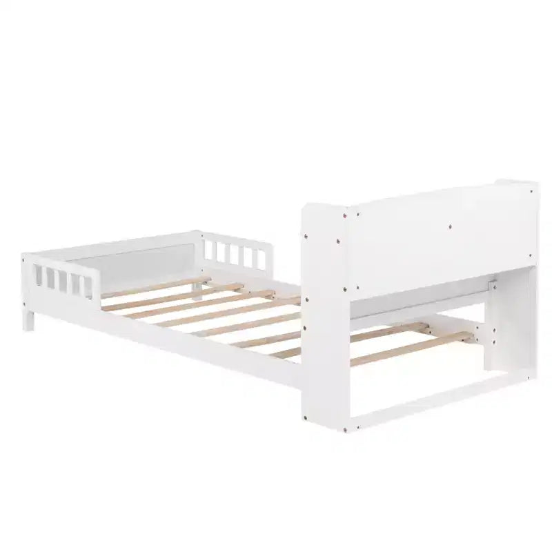 Letto in legno di pino gemello con testiera a libreria e LED con sensore di movimento - Sponde regolabili, letto per bambini sicuro ed elegante