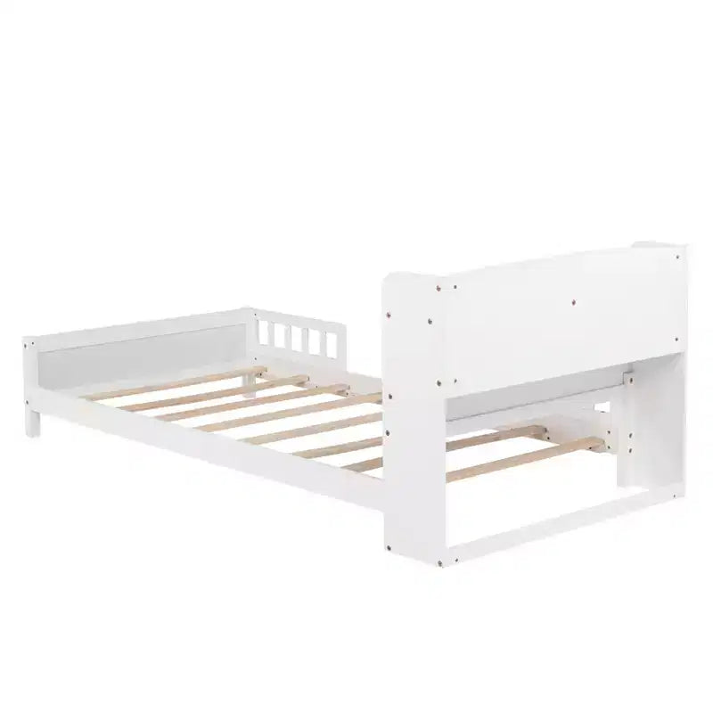 Letto in legno di pino gemello con testiera a libreria e LED con sensore di movimento - Sponde regolabili, letto per bambini sicuro ed elegante