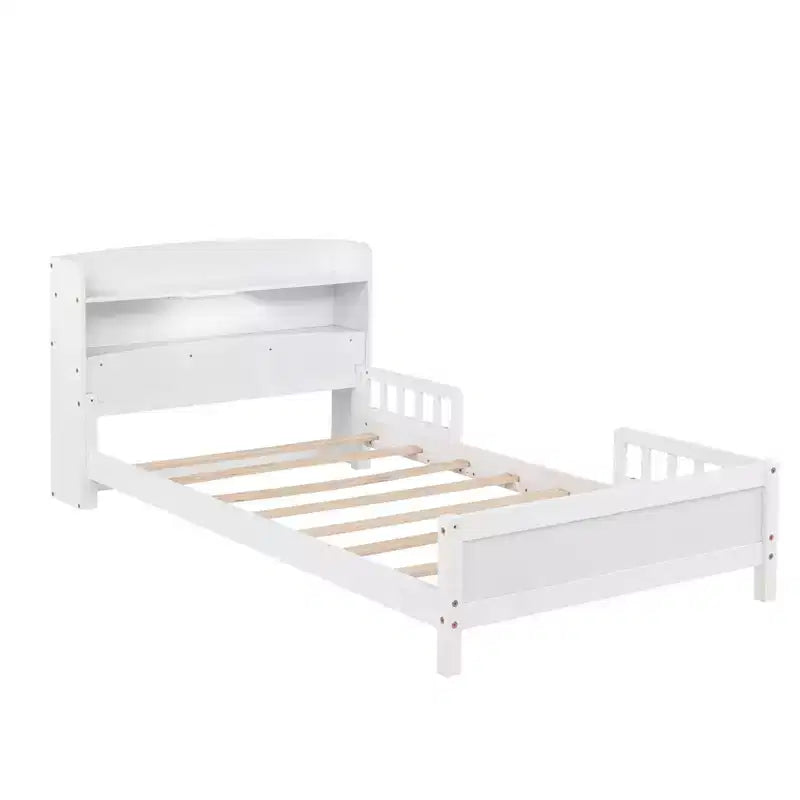 Letto in legno di pino gemello con testiera a libreria e LED con sensore di movimento - Sponde regolabili, letto per bambini sicuro ed elegante