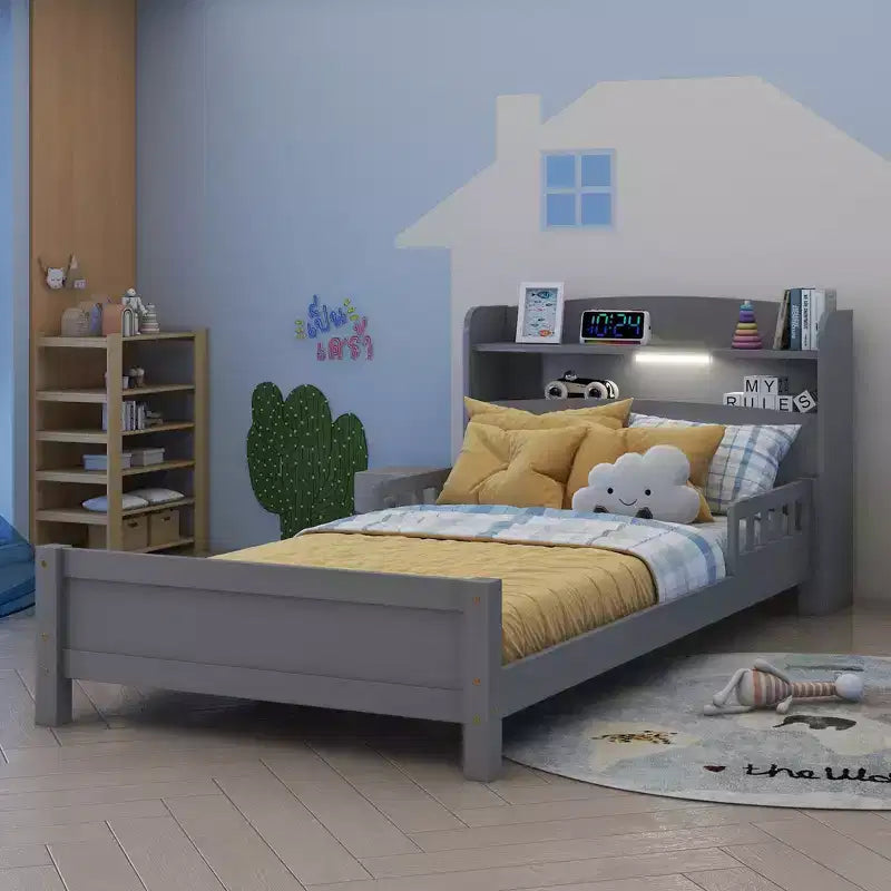 Twin Pine Wood Bed with Bookcase Headboard & Motion Sensor LED - Adjustable Guardrails, Safe & Stylish Kids Bed