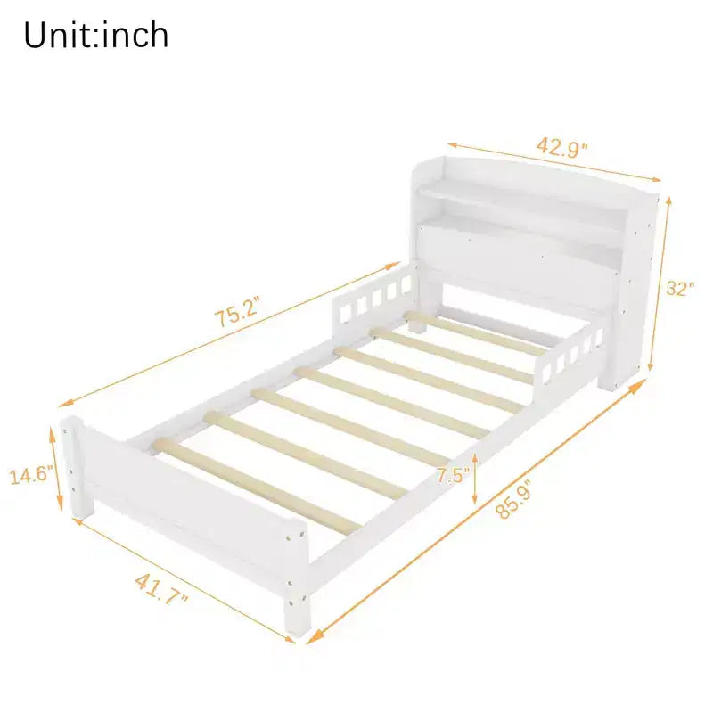 Letto in legno di pino gemello con testiera a libreria e LED con sensore di movimento - Sponde regolabili, letto per bambini sicuro ed elegante