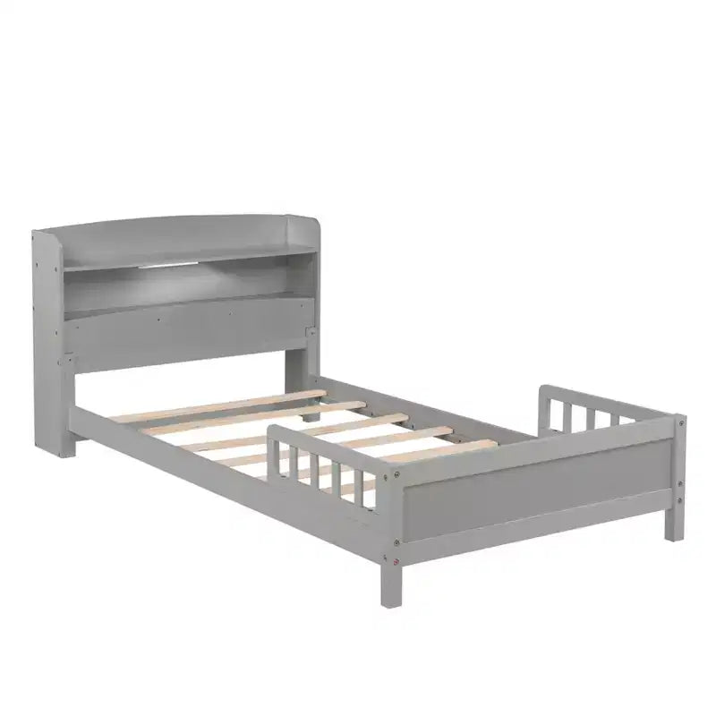 Twin Pine Wood Bed with Bookcase Headboard & Motion Sensor LED - Adjustable Guardrails, Safe & Stylish Kids Bed