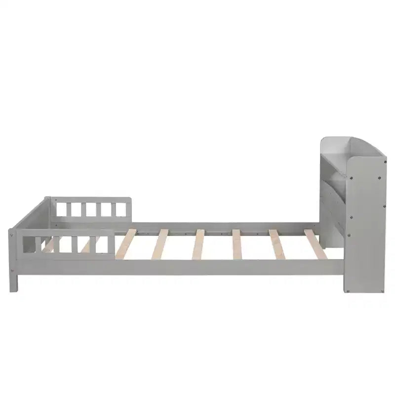 Letto in legno di pino gemello con testiera a libreria e LED con sensore di movimento - Sponde regolabili, letto per bambini sicuro ed elegante
