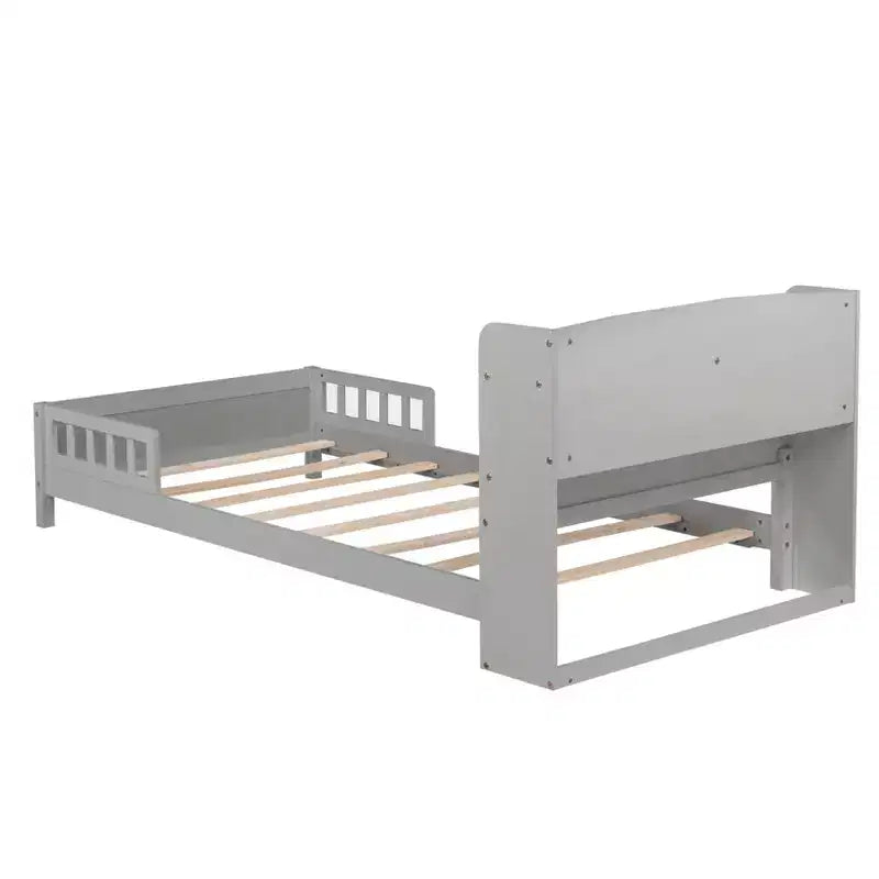 Letto in legno di pino gemello con testiera a libreria e LED con sensore di movimento - Sponde regolabili, letto per bambini sicuro ed elegante