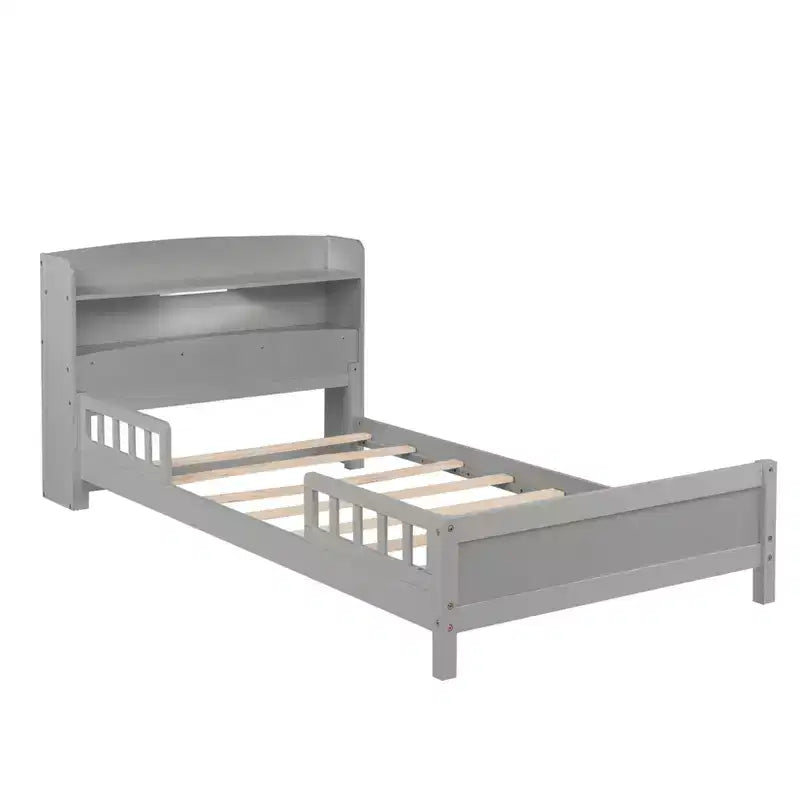 Letto in legno di pino gemello con testiera a libreria e LED con sensore di movimento - Sponde regolabili, letto per bambini sicuro ed elegante