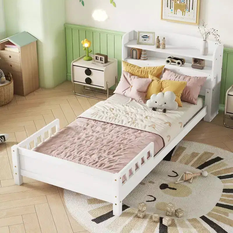 Twin Pine Wood Bed with Bookcase Headboard & Motion Sensor LED - Adjustable Guardrails, Safe & Stylish Kids Bed