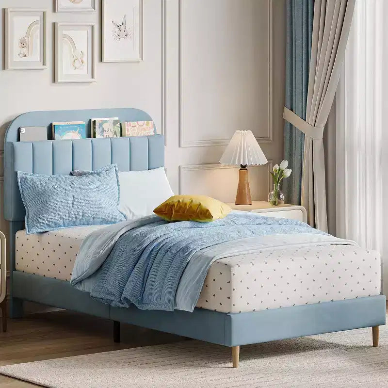 Struttura letto con testiera contenitore, letto a piattaforma imbottito in velluto per bambini, robuste doghe in legno, silenzioso, facile da montare, non è necessaria la rete a molle.