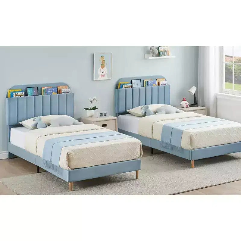 Struttura letto con testiera contenitore, letto a piattaforma imbottito in velluto per bambini, robuste doghe in legno, silenzioso, facile da montare, non è necessaria la rete a molle.