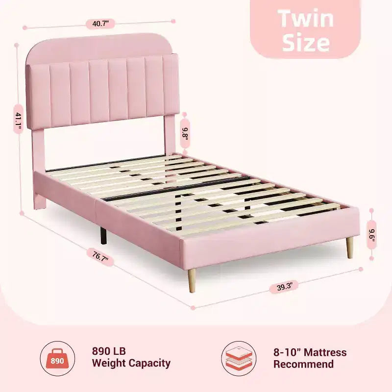 Struttura letto con testiera contenitore, letto a piattaforma imbottito in velluto per bambini, robuste doghe in legno, silenzioso, facile da montare, non è necessaria la rete a molle.