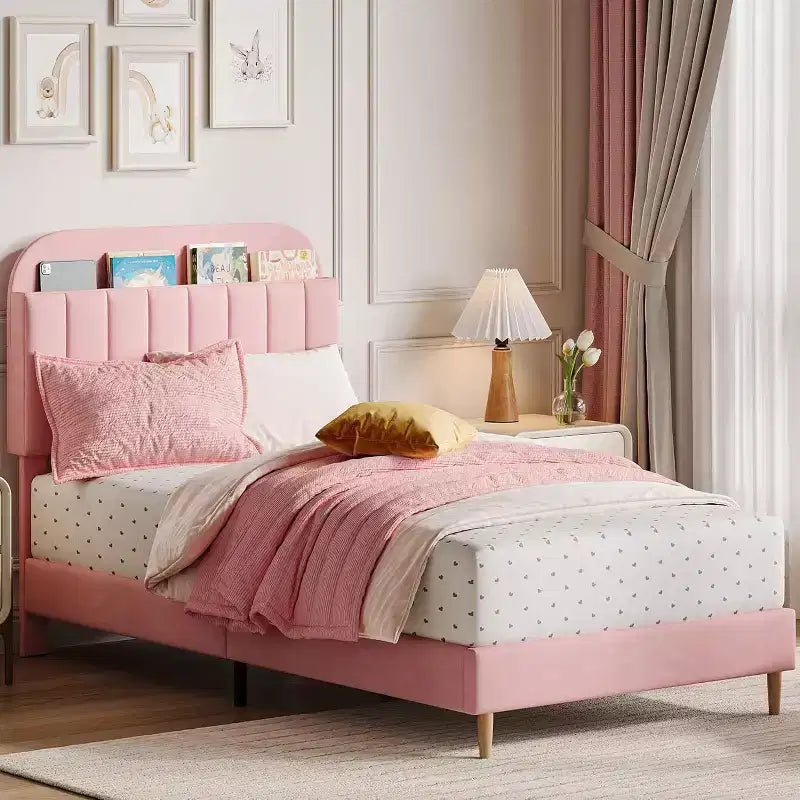 Struttura letto con testiera contenitore, letto a piattaforma imbottito in velluto per bambini, robuste doghe in legno, silenzioso, facile da montare, non è necessaria la rete a molle.
