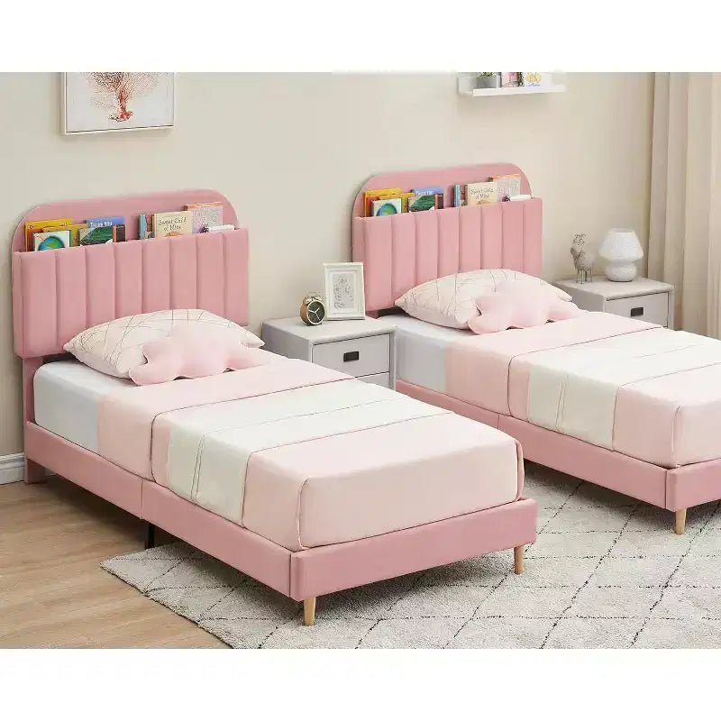 Struttura letto con testiera contenitore, letto a piattaforma imbottito in velluto per bambini, robuste doghe in legno, silenzioso, facile da montare, non è necessaria la rete a molle.