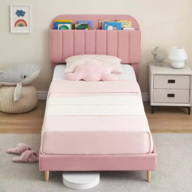 Struttura letto con testiera contenitore, letto a piattaforma imbottito in velluto per bambini, robuste doghe in legno, silenzioso, facile da montare, non è necessaria la rete a molle.