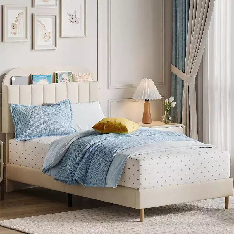 Struttura letto con testiera contenitore, letto a piattaforma imbottito in velluto per bambini, robuste doghe in legno, silenzioso, facile da montare, non è necessaria la rete a molle.