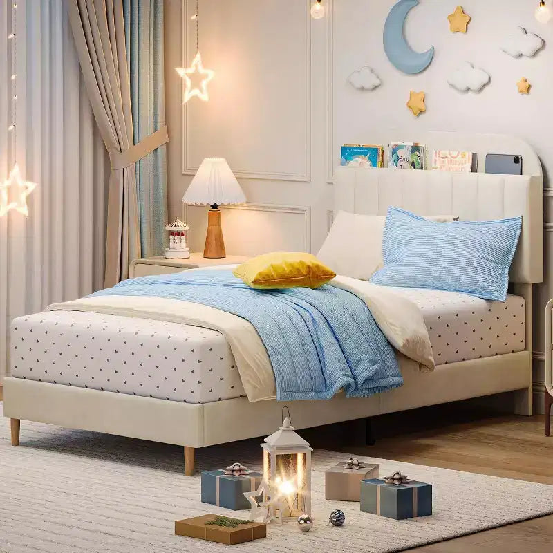 Struttura letto con testiera contenitore, letto a piattaforma imbottito in velluto per bambini, robuste doghe in legno, silenzioso, facile da montare, non è necessaria la rete a molle.