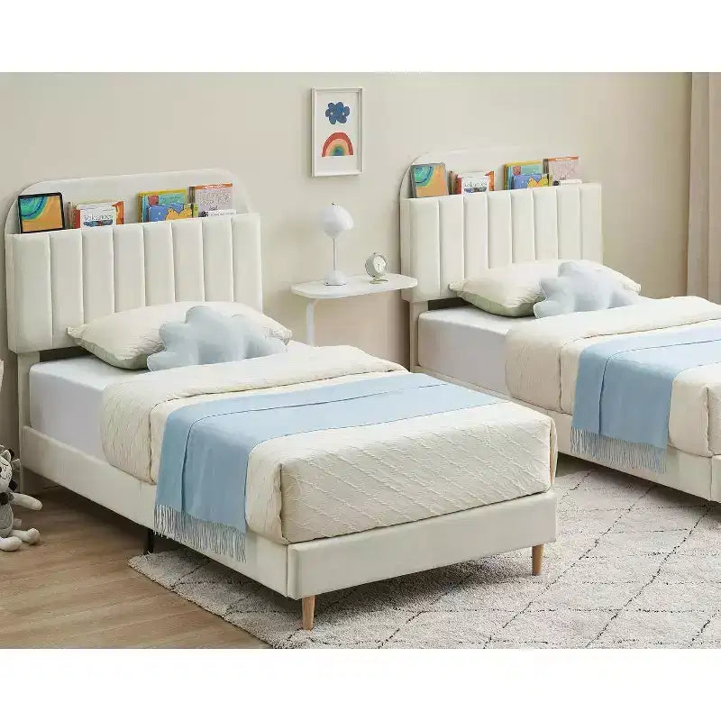 Struttura letto con testiera contenitore, letto a piattaforma imbottito in velluto per bambini, robuste doghe in legno, silenzioso, facile da montare, non è necessaria la rete a molle.