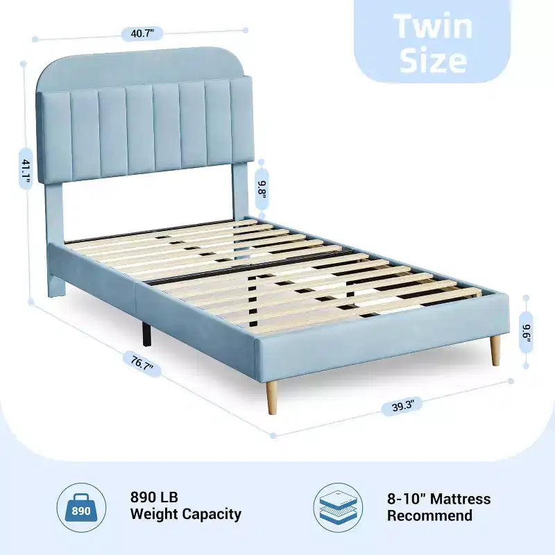 Struttura letto con testiera contenitore, letto a piattaforma imbottito in velluto per bambini, robuste doghe in legno, silenzioso, facile da montare, non è necessaria la rete a molle.