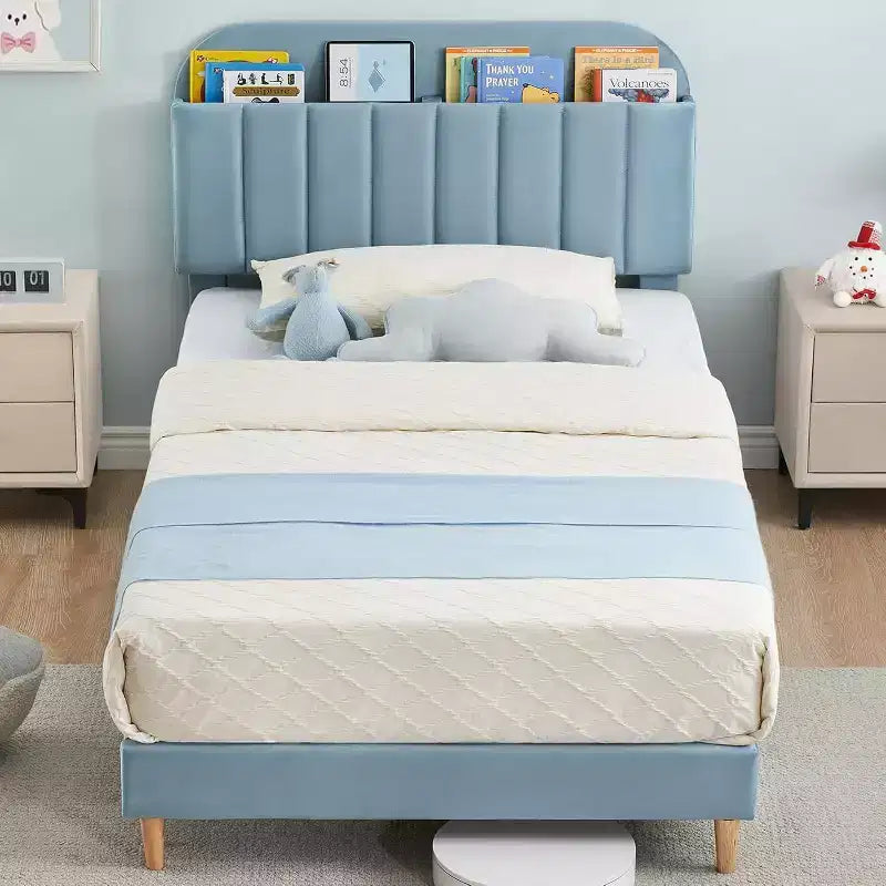 Struttura letto con testiera contenitore, letto a piattaforma imbottito in velluto per bambini, robuste doghe in legno, silenzioso, facile da montare, non è necessaria la rete a molle.