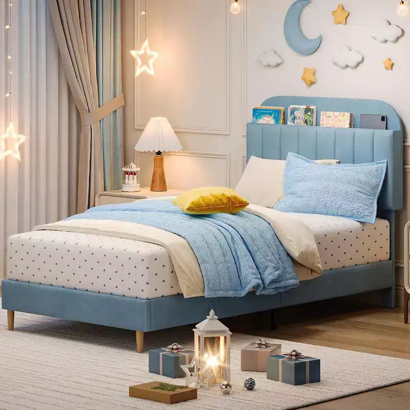 Struttura letto con testiera contenitore, letto a piattaforma imbottito in velluto per bambini, robuste doghe in legno, silenzioso, facile da montare, non è necessaria la rete a molle.