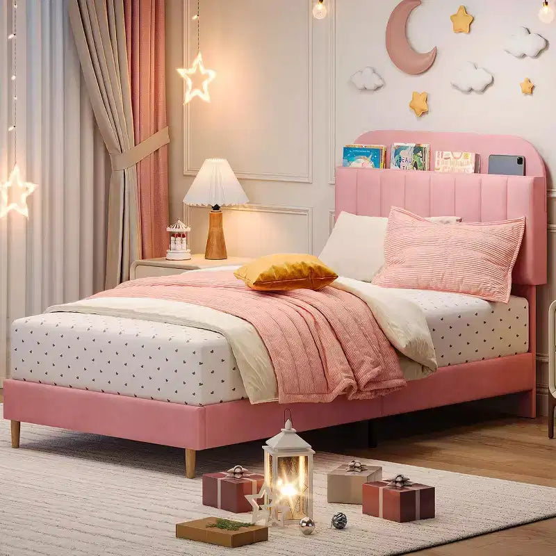 Struttura letto con testiera contenitore, letto a piattaforma imbottito in velluto per bambini, robuste doghe in legno, silenzioso, facile da montare, non è necessaria la rete a molle.