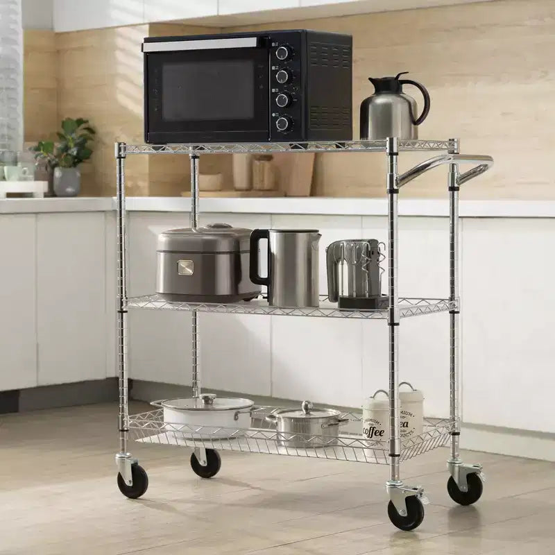 Carrello da cucina multiuso, 3 ripiani, carrello avvolgibile in filo metallico con capacità di 300 kg, carrello di stoccaggio in metallo con maniglia curva da 80 mm, fodera in PP, 6 ganci