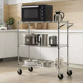 Carrello da cucina multiuso, 3 ripiani, carrello avvolgibile in filo metallico con capacità di 300 kg, carrello di stoccaggio in metallo con maniglia curva da 80 mm, fodera in PP, 6 ganci