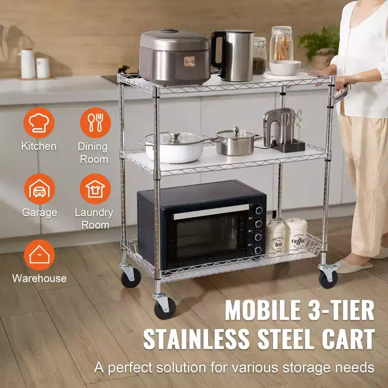 Carrello da cucina multiuso, 3 ripiani, carrello avvolgibile in filo metallico con capacità di 300 kg, carrello di stoccaggio in metallo con maniglia curva da 80 mm, fodera in PP, 6 ganci