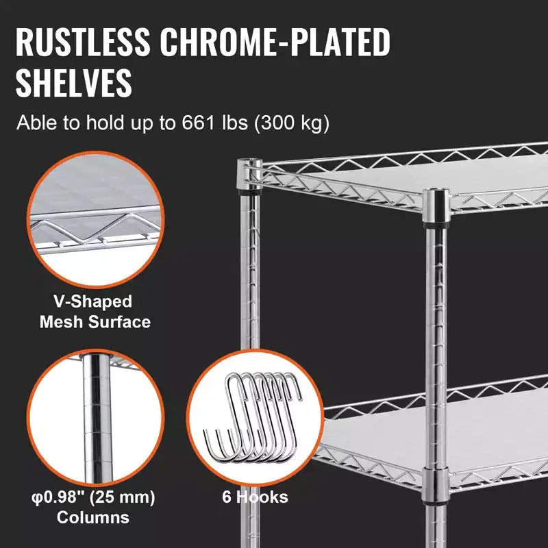 Carrello da cucina multiuso, 3 ripiani, carrello avvolgibile in filo metallico con capacità di 300 kg, carrello di stoccaggio in metallo con maniglia curva da 80 mm, fodera in PP, 6 ganci