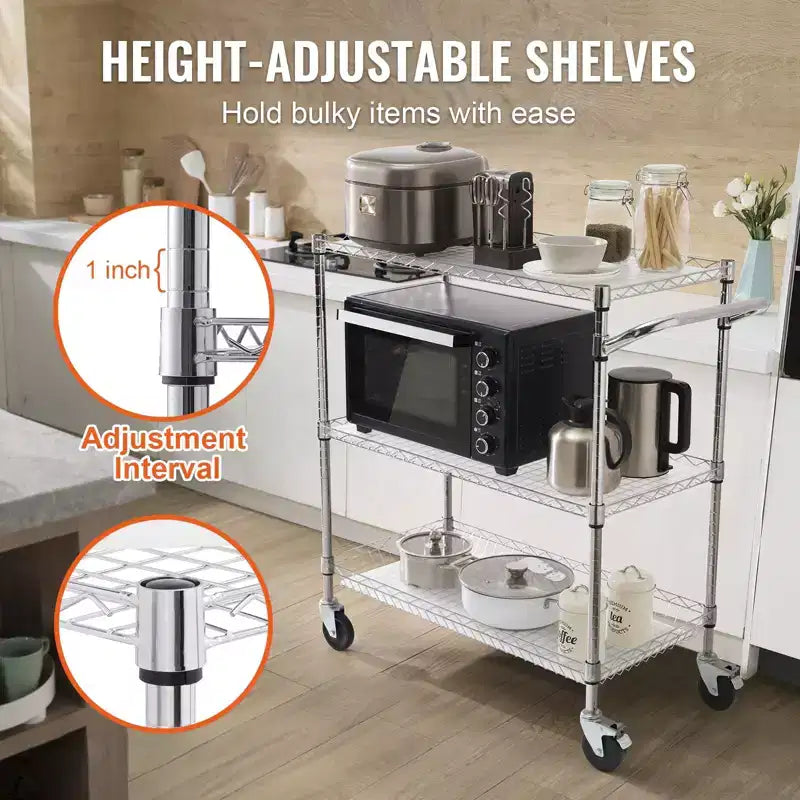 Carrello da cucina multiuso, 3 ripiani, carrello avvolgibile in filo metallico con capacità di 300 kg, carrello di stoccaggio in metallo con maniglia curva da 80 mm, fodera in PP, 6 ganci