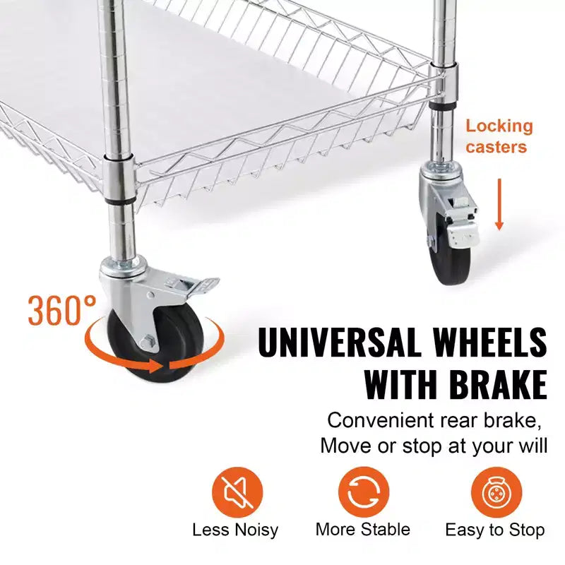 Carrello da cucina multiuso, 3 ripiani, carrello avvolgibile in filo metallico con capacità di 300 kg, carrello di stoccaggio in metallo con maniglia curva da 80 mm, fodera in PP, 6 ganci
