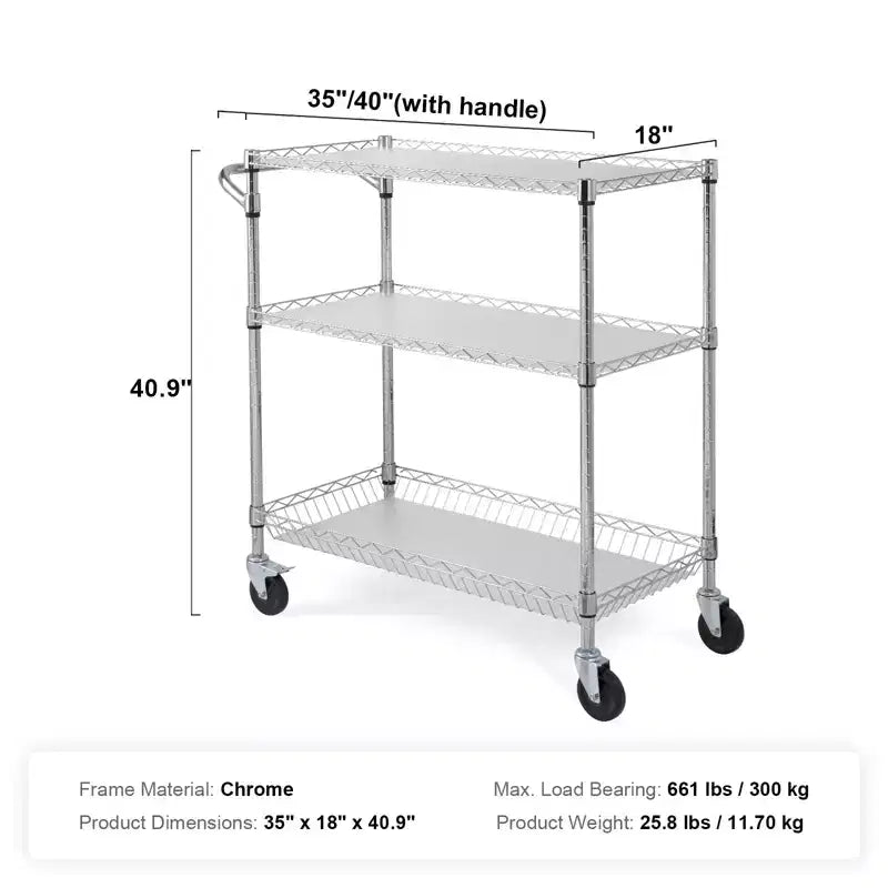 Carrello da cucina multiuso, 3 ripiani, carrello avvolgibile in filo metallico con capacità di 300 kg, carrello di stoccaggio in metallo con maniglia curva da 80 mm, fodera in PP, 6 ganci