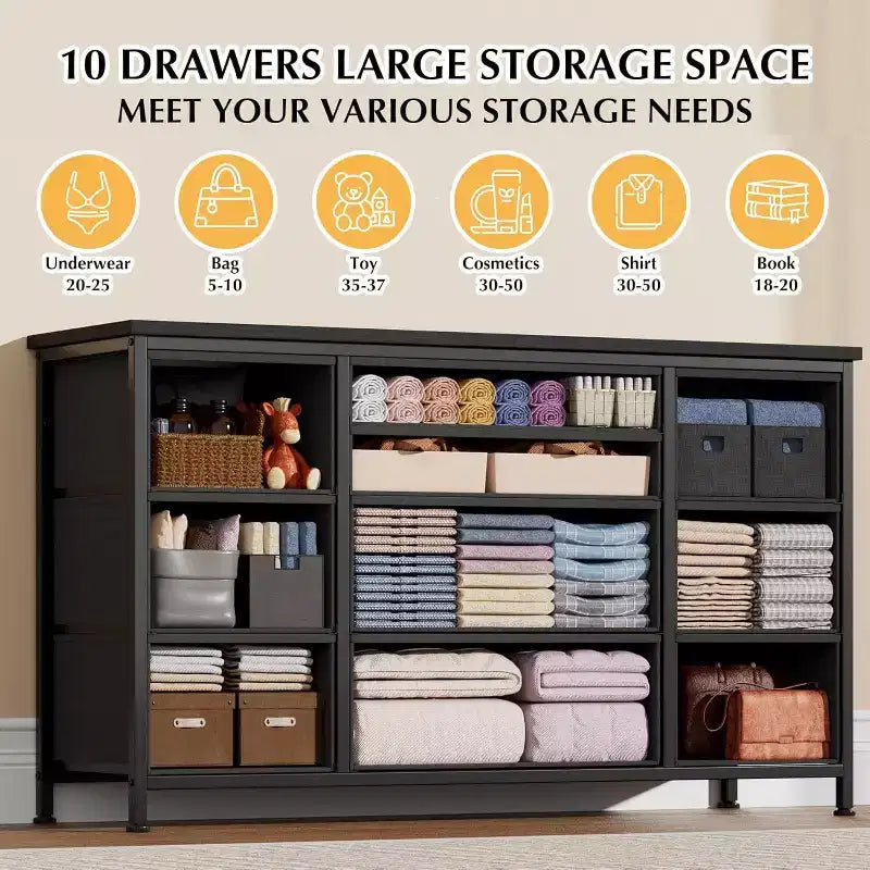 Comò a 10 cassetti e mobile TV con presa di corrente, contenitore per camera da letto con struttura in metallo per TV da 55'', ingresso, armadio
