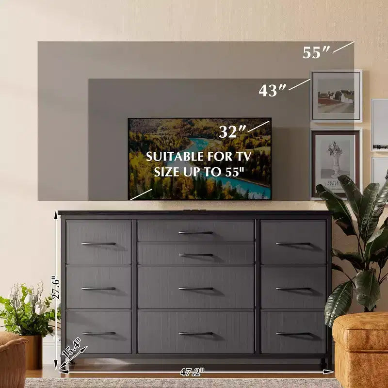 Comò a 10 cassetti e mobile TV con presa di corrente, contenitore per camera da letto con struttura in metallo per TV da 55'', ingresso, armadio