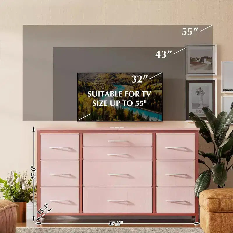 Comò a 10 cassetti e mobile TV con presa di corrente, contenitore per camera da letto con struttura in metallo per TV da 55'', ingresso, armadio